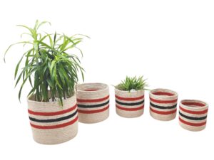 5-Piece Jute Planter Basket Set – Red & Black Striped Design
