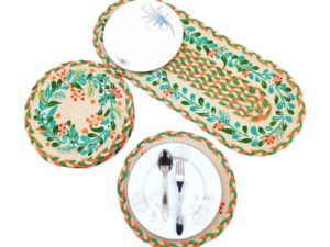 7-Piece Jute Placemat and Table Runner Set – White Trim